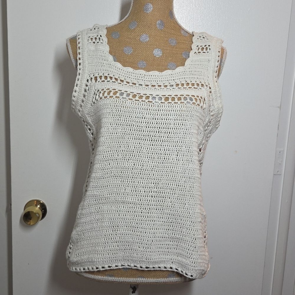 Massimo Dutti Silk Cotton Crochet Sleeveless Tank Top MED Quiet Luxury Classic